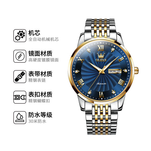 欧利时（OLEVS）瑞士认证品牌手表男机械表夜光防水全自动男士手表商务父亲节礼物 OLEVS-6630-钢带间蓝