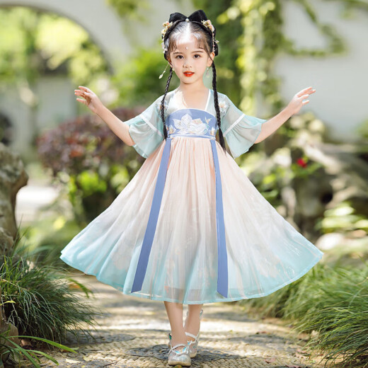 Disfraz de verano de las niñas de Aibaoshi para niñas de Hanfu de manga corta Día de niños, regalo de rendimiento de estilo chino S689 Qingshan Dai 110 cm [altura sugerida 106-115 cm]