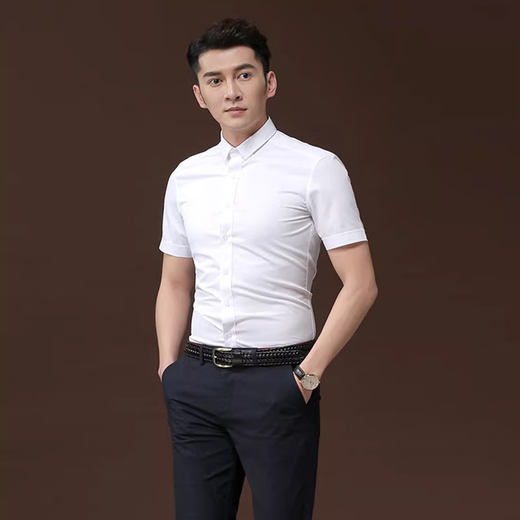 高绅风度短袖衬衫男士衬衣夏季商务修身职业正装白色免烫大码工装结婚伴郎 纯白色无口袋【到货快】 41 /2XL码