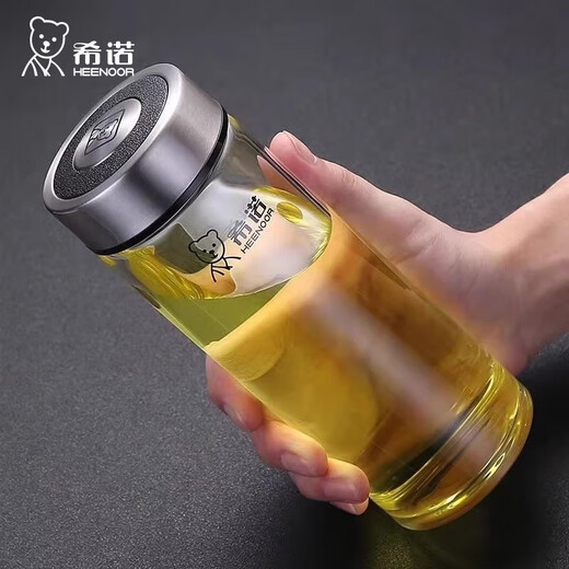 希诺玻璃杯单层加厚便携大容量泡茶杯男士车载滤网商务透明水杯子 [大容量]提环杯盖695ml-明星款