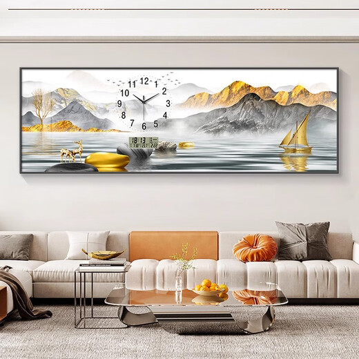 小小画钟新中式钟表挂钟客厅沙发背景墙装饰画万年历电子时钟福鹿山水时钟 ZP1476 【真时钟+智能万年历】 71英寸 180*60cm