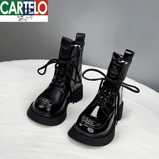卡帝乐鳄鱼（CARTELO）真皮欧货马丁靴女款2024新款秋英伦风ins潮亮皮厚底短靴 黑亮(加绒款) 38