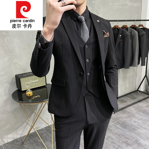 Pier Cardin Bräutigamanzug Drei-teiliger Hochzeitskleid Casual Formal Anzug hübscher koreanischer Stil Schlanker gestrickt 9905 Schwarzes dreiteiliges Set (Anzug + Weste + Hose) s