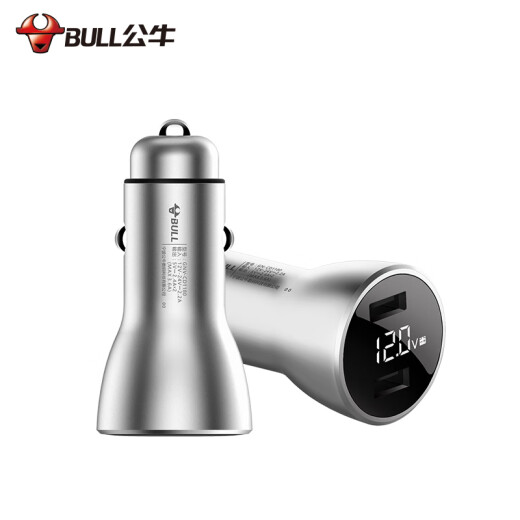 BULL car charger car charger cigarette lighter GNV-CD1180 silver 5V/3.6A dual USB one to two voltage detection LED digital display metal material