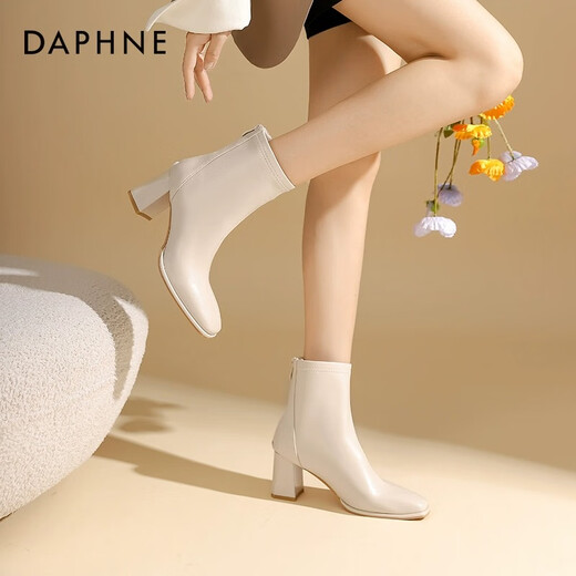 Daphne (Daphne) Offizielle weiße Kurzstiefel für Frauen 2025 Neue Herbst und Winter Französische High Heel Thin Stiefel Temperament Vielseitige Martin -Stiefel für Frauen Beige [7 cm High Heels] 37