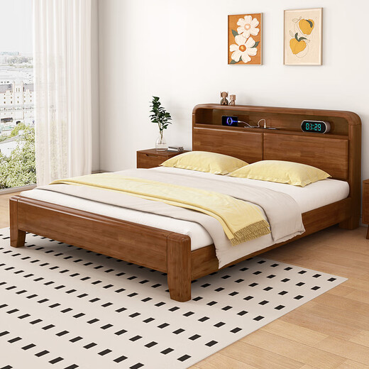 Qifeng Guangdong Foshan furniture bed solid wood bed rubber wood modern Nordic double bed master bedroom log bed simple style wooden bed single bed (log color main picture) 1500mm*2000mm frame structure