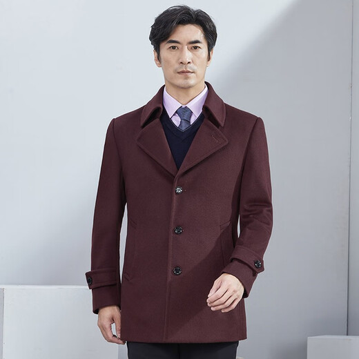 Hongdu new wool coat mid-length buckle fashionable slim suit collar daddy suit 100 wool men's jacket Burgundy EN1277-3 S 165/84A