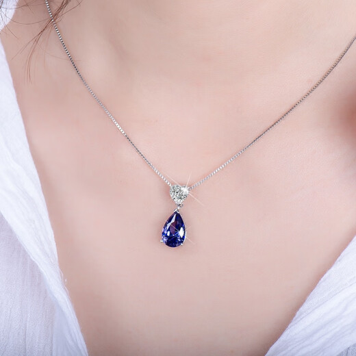DL 1998 Fat Donglai same style tanzanite necklace sapphire 925 silver heart-shaped water drop gemstone lock 925 silver platinum plated pendant + 925 silver necklace