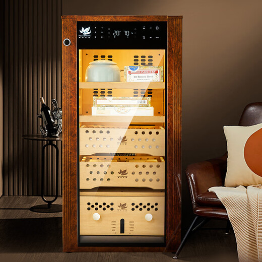 Freierman HM-70s compressor cigar cabinet with constant temperature and humidity, full cedar wood liner, red wine fingerprint password, office humidifier, 2-layer box maintenance + 2-layer bare maintenance, pure ammonia model, walnut wood grain password fingerprint lock