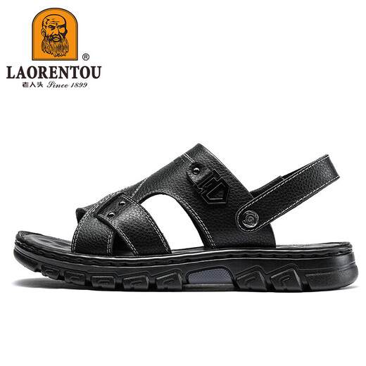老人头（LAORENTOU）沙滩鞋男拖鞋头层牛皮荔枝纹鞋拖两用户外凉鞋 LT12033 黑 38