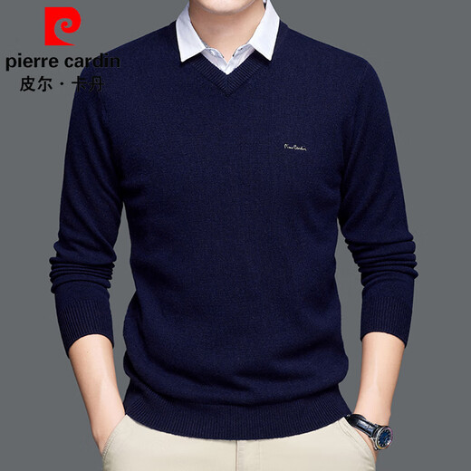 Pierre Cardin cardigan men's 100% wool fake two-piece sweater autumn and winter thick bottoming shirt warm shirt collar sweater for men light khaki M (170)