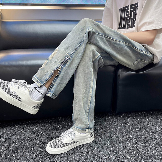 Hongtiwan Jeans Herren Sommer Ripped High Street Vibe American Hosen Trendy Herren koreanischer Stil Trendy Teenager Slim Fit Blue Ripped Style Yd728 m (80-100jin [Jin entspricht etwa 0,5 kg])