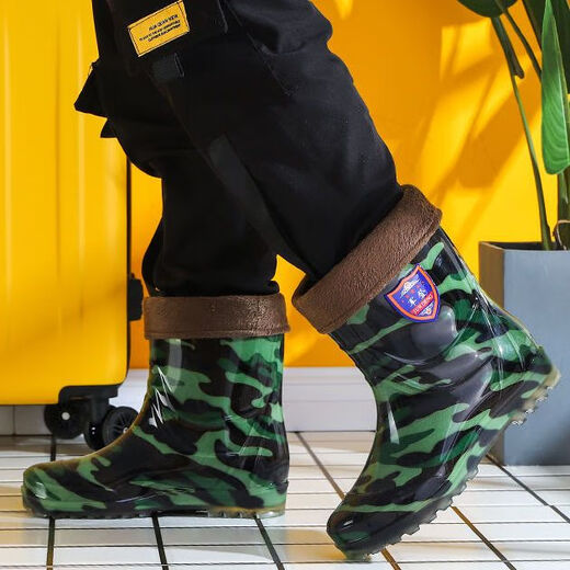 Daohuatu Jundeng mittlere Röhrchen Regenschuhe Arbeit Schutz für Herren Rindfleisch Sehne Sohle Kear-resistente Nicht-Rutsch-Plus-Samtwasserstiefel Konstruktionsstelle Kleber Kurzmittel mittelgroß