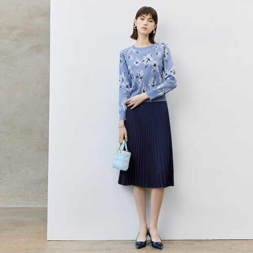 Yanyu simple versatile pleated skirt for women 2024 spring mid-length skirt commuting temperament skirt dark blue L/40