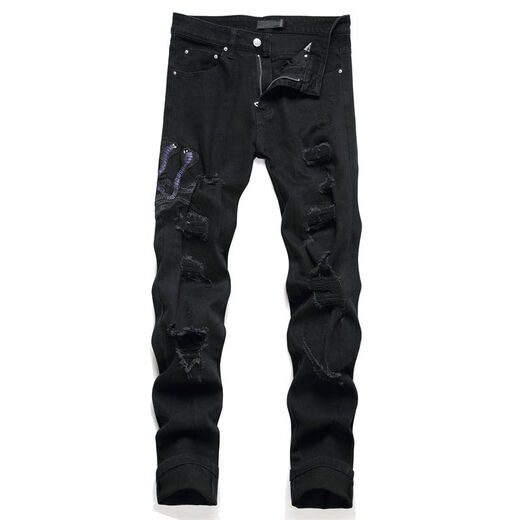 Fei Shimi New Style High Street Herren Ripped Jeans bestickt S Tight Mid-Tendy Herren trendy lässige schwarze Hosen Schwarz 3523 29