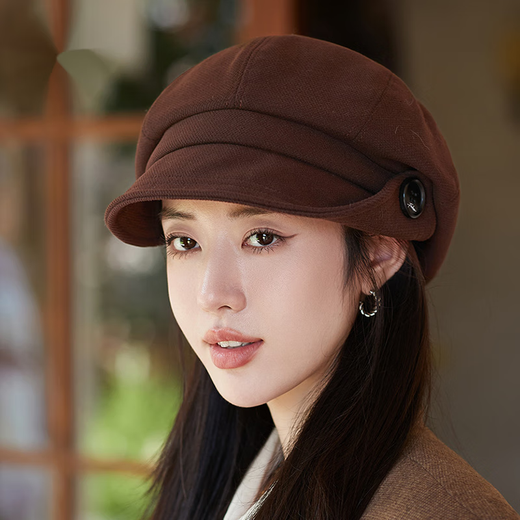 JIASHENGXI Autumn and winter new hat women's Korean version versatile button octagonal hat big head circumference showing face little internet celebrity painter hat beret black 56-58CM