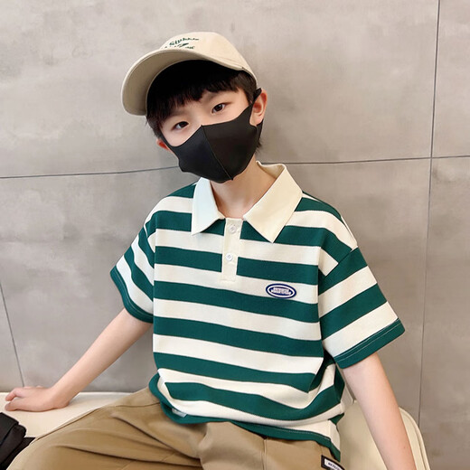 McTicco boy polo shirt short-sleeved 2025 children's summer striped t-shirt big children's summer half-sleeved street-fried top trend 9850 blue + 5798 khaki [set] 150