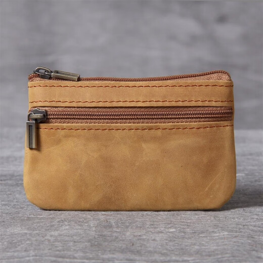 
Jiemou top layer cowhide mini card bag small cow bag men and women retro handmade genuine leather driver's license key bag z1c brown yellow (specially larger version)