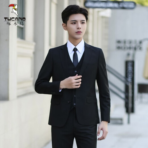 Woodpecker (TUCANO) suit men's slim business casual professional formal wear groom's best man's wedding dress work small suit men's single-button suit + shirt + vest + trousers and tie 2XL 130-145Jin Jin equals 0.5 kg