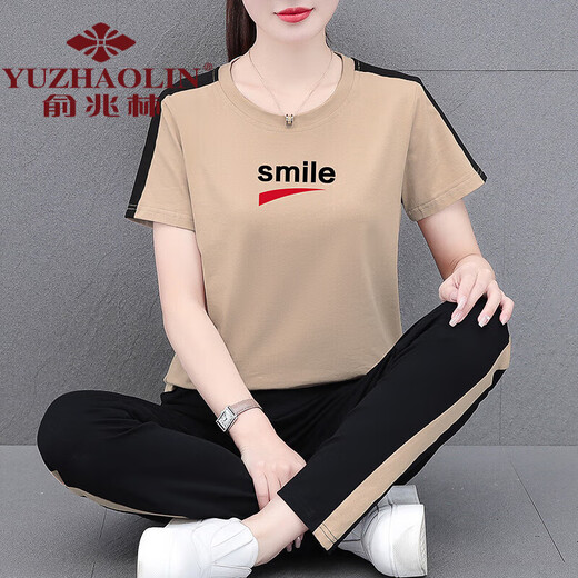 俞兆林 妈妈装夏季薄款运动套装女2024年新款装时尚夏装休闲棉短袖两件 宝蓝 [九分裤套装]WK695 M (建议80-95斤)