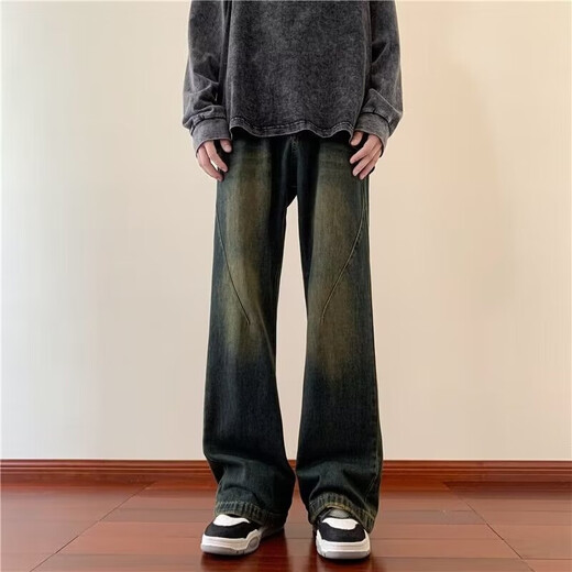 迪伽达 牛仔裤男士夏季修身微喇直筒裤美式高街潮牌复古休闲长裤子男 DFFS-736蓝色 L