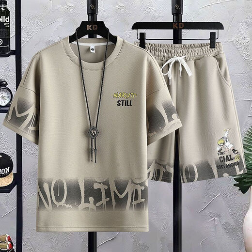 
2024 summer short-sleeved T-shirt loose suit men's Korean style trendy half-sleeved body 5-minute shorts two-piece set men's clothing 9766 beige suit L Recommended 105-130Jin [Jin equals 0.5 kg]