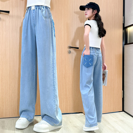 NICKYBABY girls' pants summer thin children's tensile soft jeans large children's summer ice silk straight wide-leg pants summer 15013 blue + 9922 white [set] 150