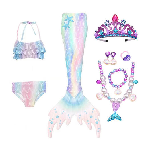 Ruiyang mermaid clothes princess tail children's swimsuit girls split bikini baby swimwear new hot spring colorful three-piece set + crown + necklace 4-piece set 110cm