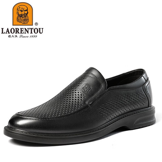 老人头（LAORENTOU）男皮鞋夏季镂空休闲鞋头层牛皮套脚鞋透气打孔鞋 LL12027 黑 44 