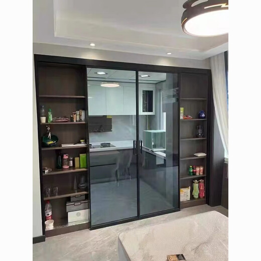 维诺亚定制极窄阳台三联动厨房推拉门客厅隔断厕所推拉门双层钢化玻璃门 透明+透明/磨砂 地轨双轨双扇