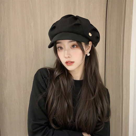 Miao Yijia beret hat women's autumn and winter sun hat octagonal hat versatile new big head circumference showing face small Korean print painter hat pleated beret black