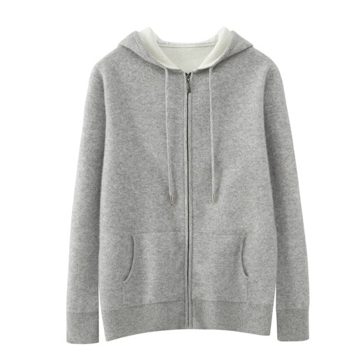 鄂尔多斯市产纯羊绒衫男士连帽卫衣加厚套头毛衣宽松百搭秋冬羊毛 产自鄂尔多斯市-浅灰色 M 110-130斤