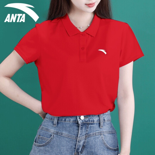 安踏（ANTA） 短袖t恤女夏季宽松透气翻领polo衫跑步健身轻薄冰丝速干衣户外半袖体恤休闲运动服装 -4A14066经典红 S/160