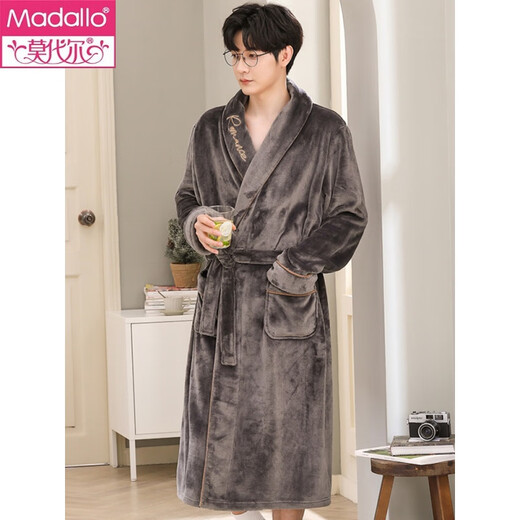 Modal Coral Fleece Nightgown Men's Winter Extra Long Thickened Flannel Bathrobe Men's Large Size Velvet Pajamas Autumn and Winter Bathrobe Men's R Embroidered Lettering Smoke Gray L