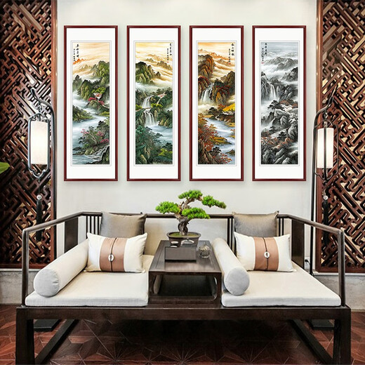XUNDIAN (XUNDIAN) landscape painting living room scenery four screens Chinese painting office hanging painting mountain painting sofa background wall painting ink painting spring, summer, autumn and winter A right angle rosewood color solid wood with frame 135*45 cm