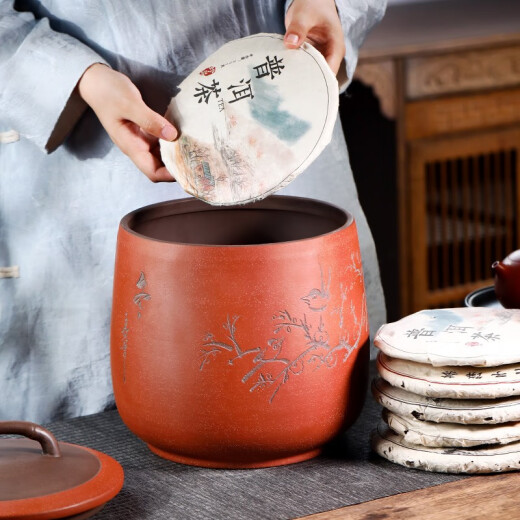 Gold inlaid jade Yixing purple sand tea can original ore clear cement large tea storage tank tea sealed can tea set accessories 8 cakes walking in the snow to find plum purple sand tea can