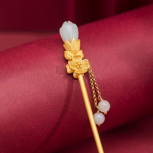 Kamalon hairpin for women, ancient style, step-shaking silver hairpin, high-end updo, high-end headwear, cheongsam, Hanfu, Chinese style gold hairpin, tassels, Hotan jade hairpin - step-shaking, spring (gold)