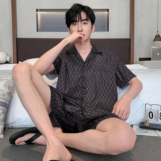 
LangSha ice silk pajamas men's summer short-sleeved thin imitation silk home clothing men's middle-aged and young summer silk suit LQY6628 3XL 175-185CM/170-190Jin[Jin equals 0.5 kg]