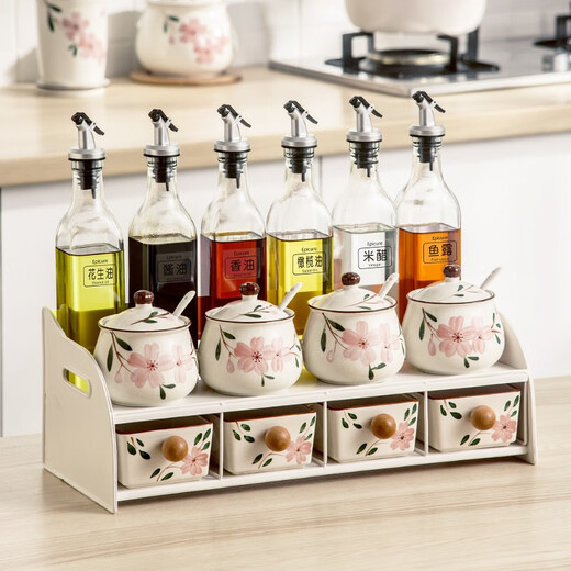 Duomeiran kitchen high-end seasoning jar ceramic salt jar chili jar household seasoning box seasoning bottle jar seasoning combination set Sakura three-piece set + ceramic plate