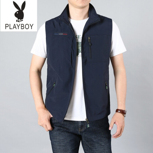 Playboy Vest Men's Spring and Autumn New Thin Middle-aged Sleeveless Vest Plus Fat Plus Size Middle-aged and Elderly Vest Dad's Vest Jacket Dark Blue 3XL