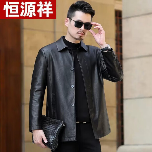 恒源祥 品牌男装海宁眞皮皮衣男土绵羊皮夹克翻领休闲上衣中老年秋款纯 9907黑色薄款 L 建议120-140斤穿