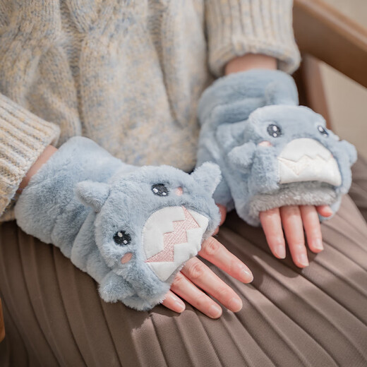 QIPEIER Gloves Women's Winter Cute Shark Half Finger Gloves Girls' Plush Thickened Flip Cover Students' Fingerless Warm Plus Velvet Blue