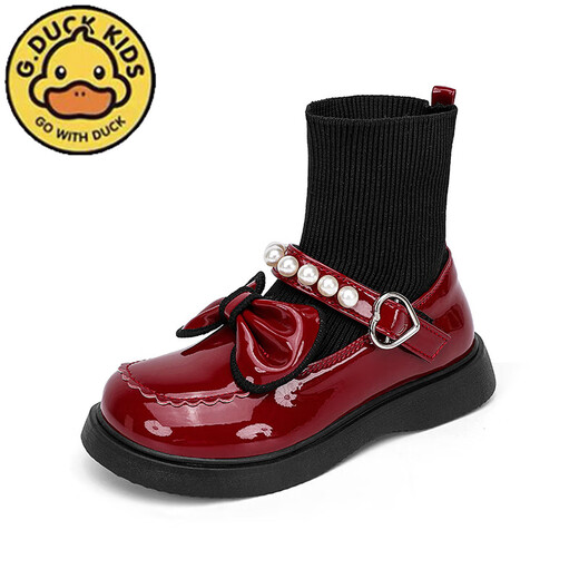G.duck Little Yellow Duck Girls' Shoes Small Leather Shoes 2025 Children's Short Boots Princess Martin Boots Autumn and Winter Little Girls Black Boots HDL-Red 818 (Single Shoe) Size 31 Inner Length 19.3cm