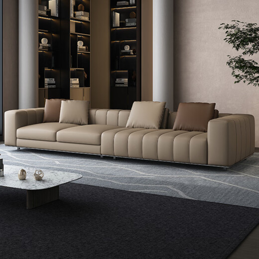 Jiandi [only genuine leather] Italian light luxury leather sofa Freeman minimalist small apartment living room straight three-person Milotti piano key sofa [S+ grade imported cowhide + upgraded latex model] 3.6m five-seater [high load-bearing stainless steel chassis, ]Fully covered in genuine leather