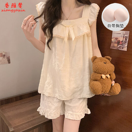 Xiangyaxin mit Brustpads Pyjamas für Frauen im Sommertag Student Hosentort Shorts süß und niedlich farbige Mädchen Dünne Heimkleidung Set 9906 Schwarzer Plaid L 95-115jin [Jin ist 0,5 kg]