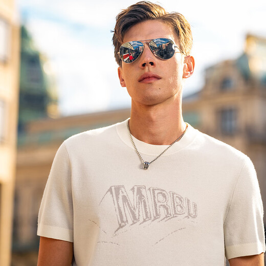 
Mr. Cloth round neck short-sleeved hair T men's 2025 autumn sweater letter contrast color design machine washable cardigan PT15620 ivory white L (175)