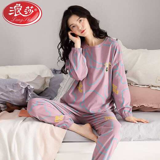 
LangSha brand pajamas autumn and winter women's cotton long-sleeved trousers round neck for students to wear casual and simple home clothing set XB9905 women's L