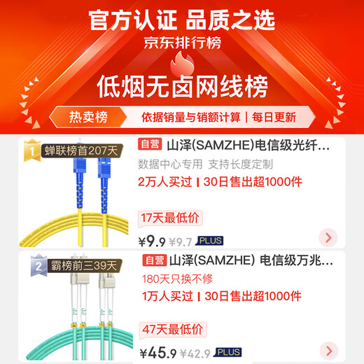 山泽(SAMZHE)光纤跳线 工程电信级万兆LC-LC多模双芯OM4 阻燃低烟无卤光纤入户线 收发器尾纤1米G4-LCLC01