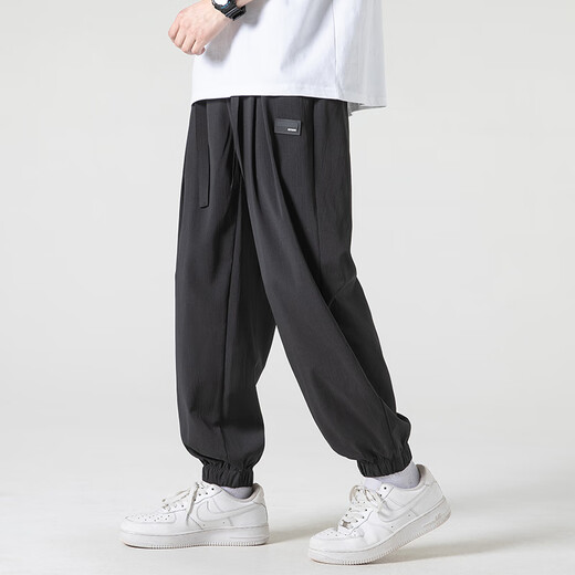 杉努（SHANNU）裤子男夏季宽松直筒冰丝休闲裤男士春秋款潮牌运动速干九分卫男裤 311黑色 2XL （建议150-170斤）