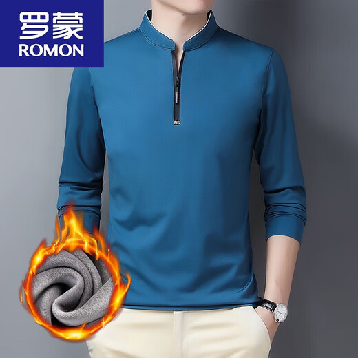 罗蒙（ROMON）加绒加厚长袖t恤男休闲上衣冬中年男装立领打底衫 【QPD加 绒加 厚】6623 宝兰 M 165